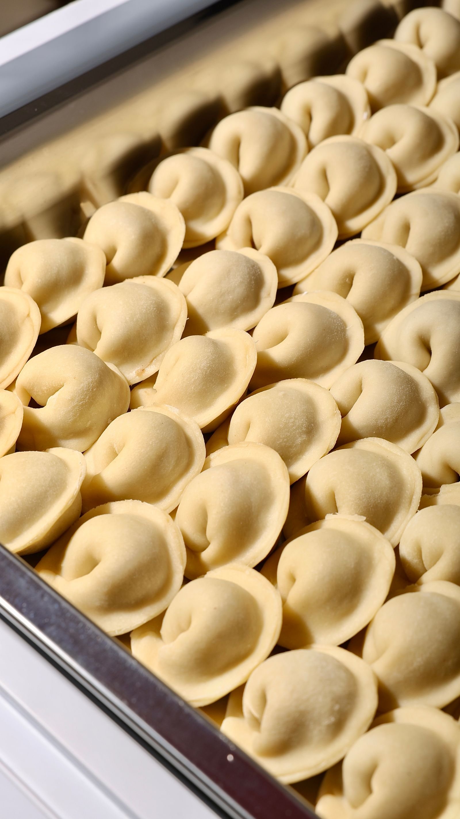 Uncooked dumplings arranged for frozen storage