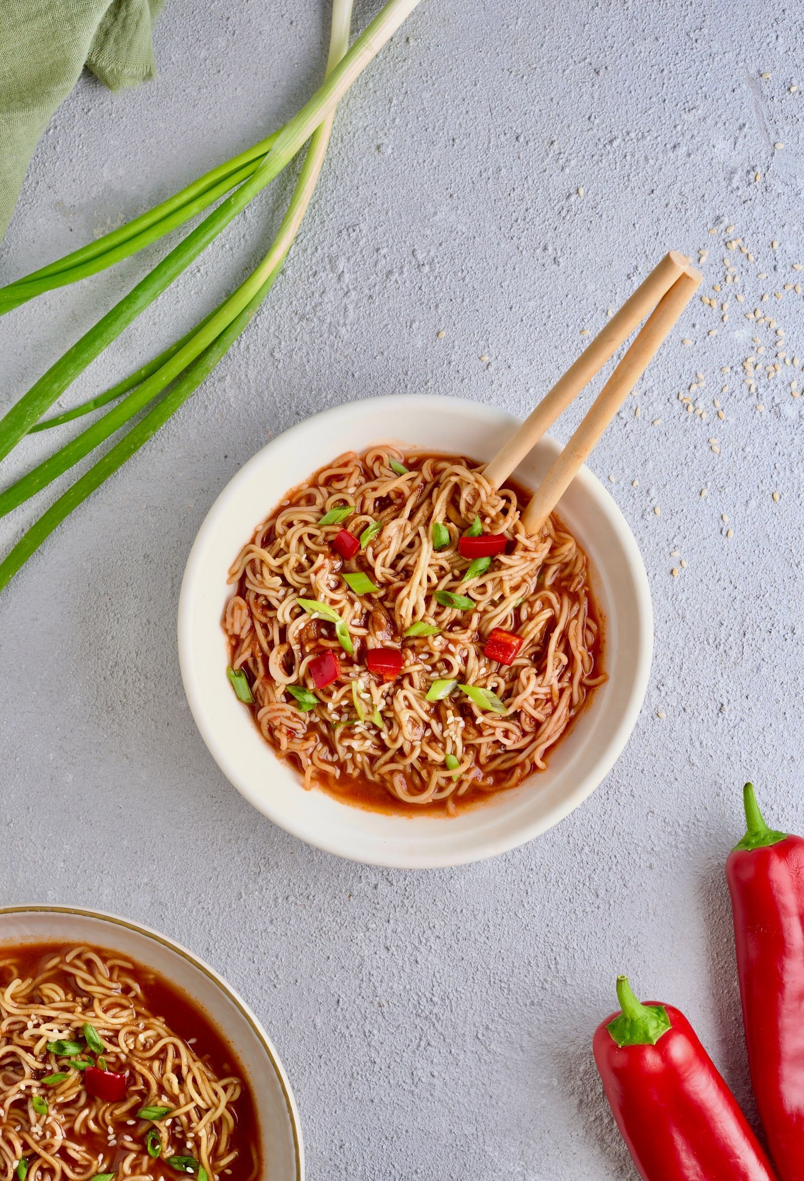 Asian ramen noodles with chilli and spring onion