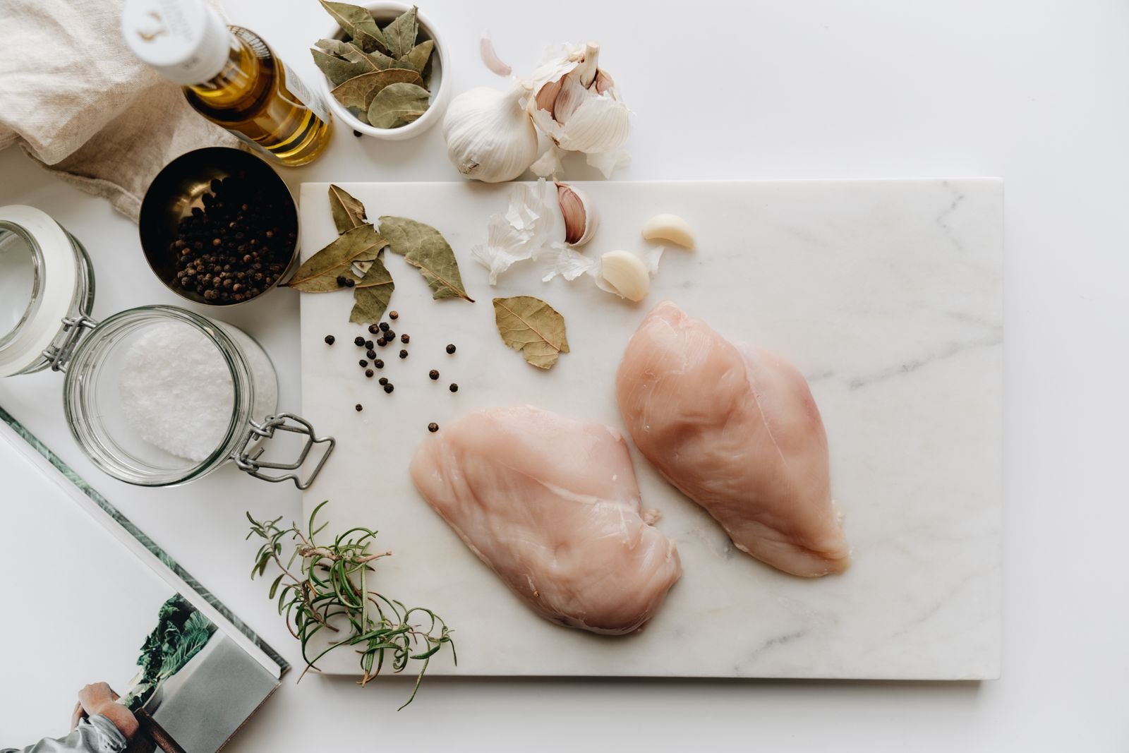Raw chicken breasts prepared as commercial poultry cuts